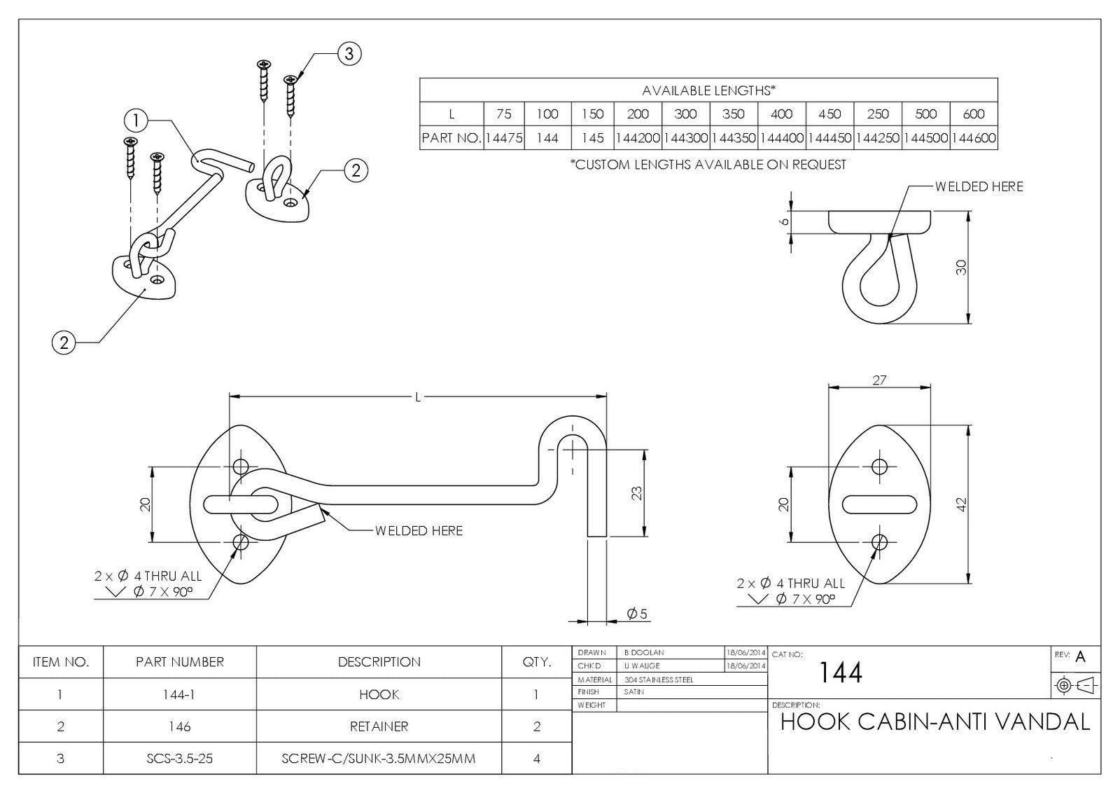 Emro Anti-Vandal Cabin Hook - Available in Various Sizes