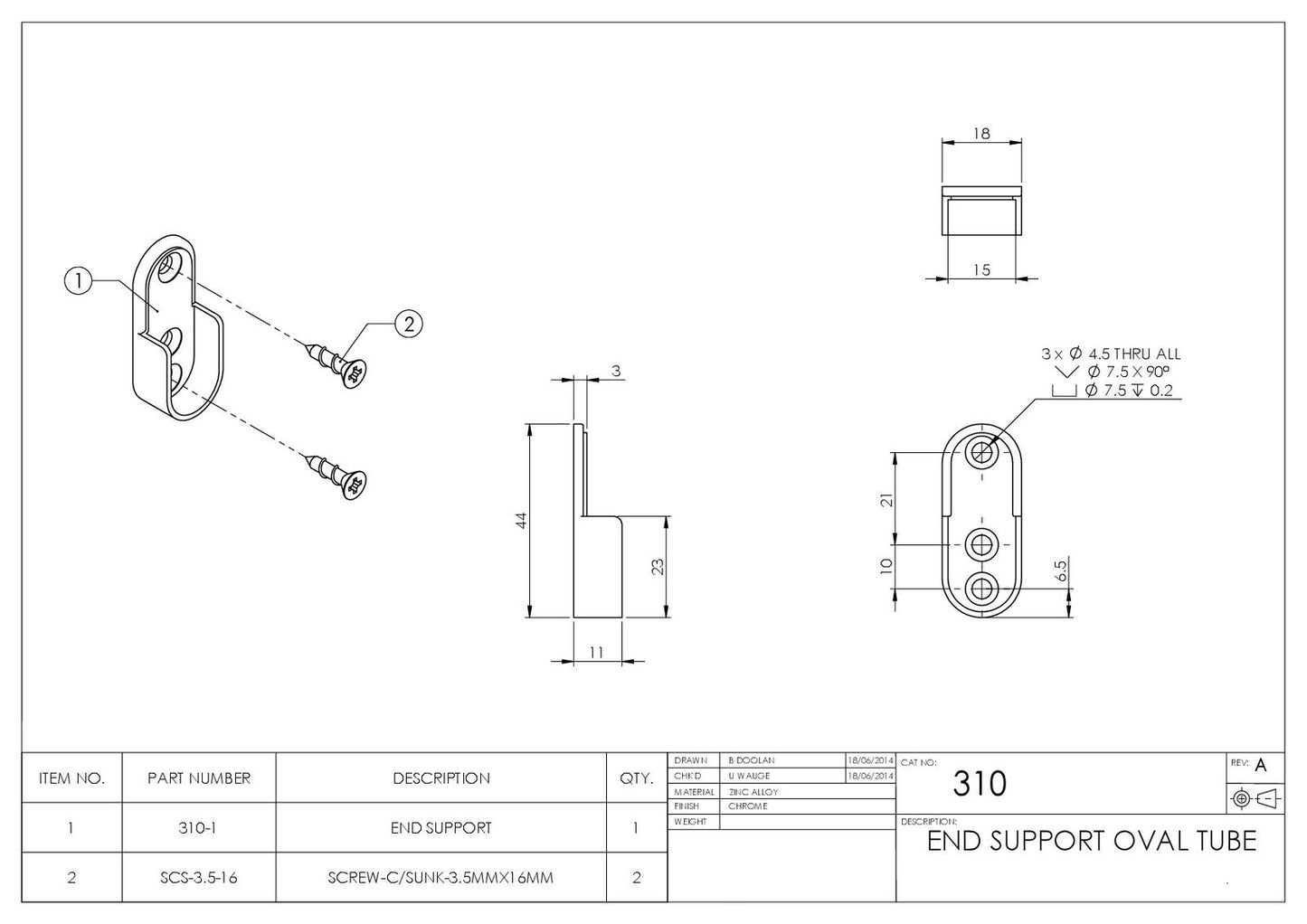Emro Oval Tube End Support Polypack 15mmx30mm Chrome Pack of 10 310CPPP