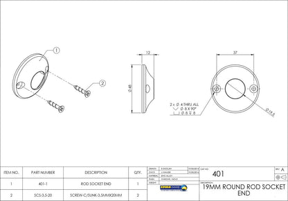 Emro Rod Socket End Round Wardrobe Hanging Rail 19mm Chrome Pack of 10 401CPPP