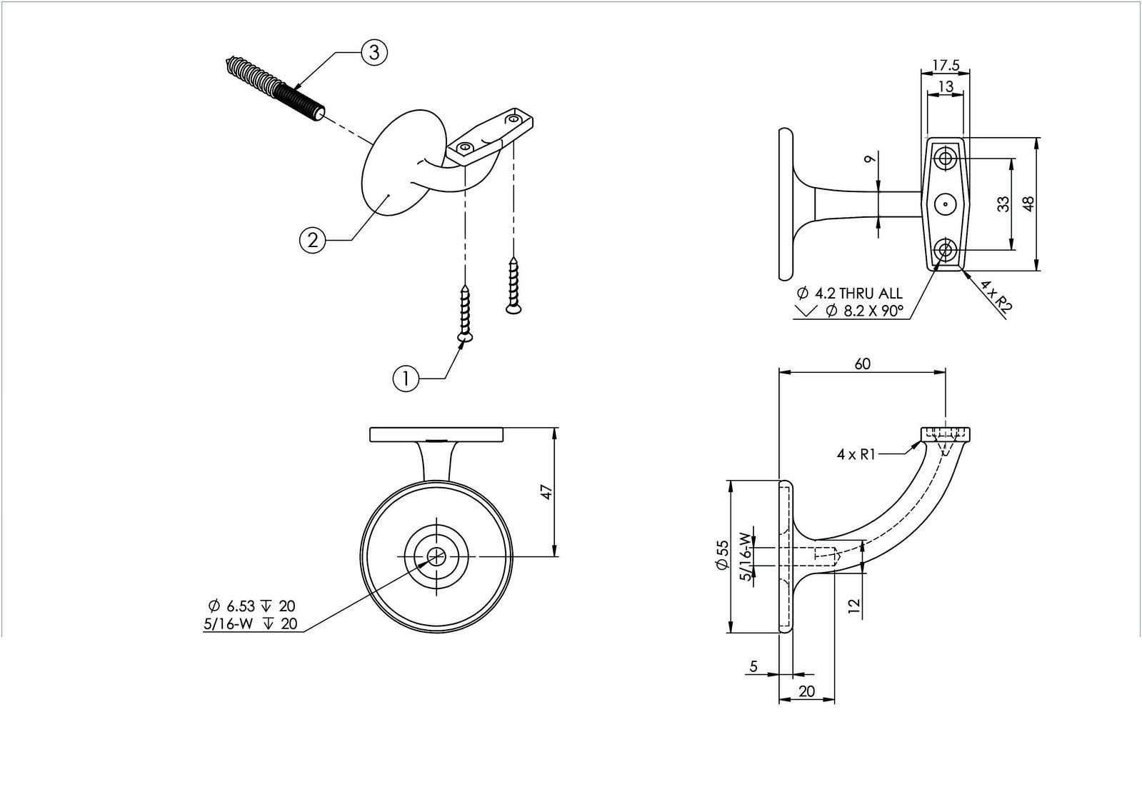 Emro Stair Hand Rail Bracket Centre Concealed Fix - Available in Various Finishes