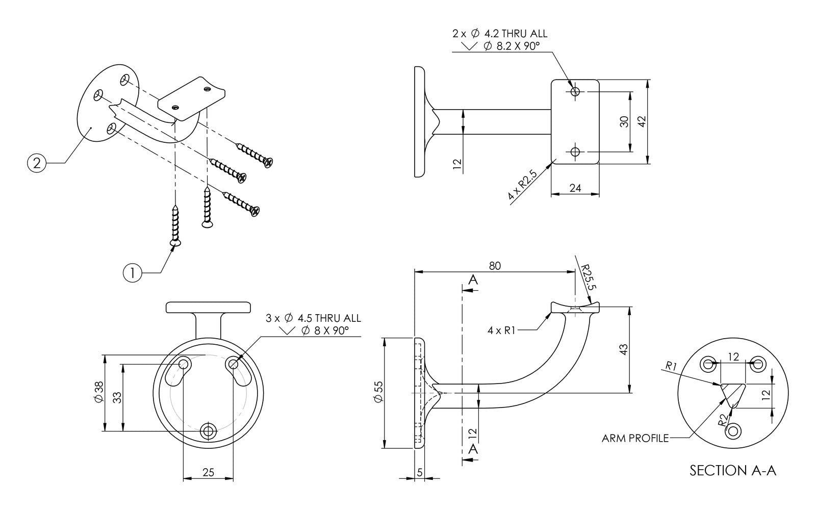 Emro Extended Bracket 25mm 449 - Available in Various Finishes