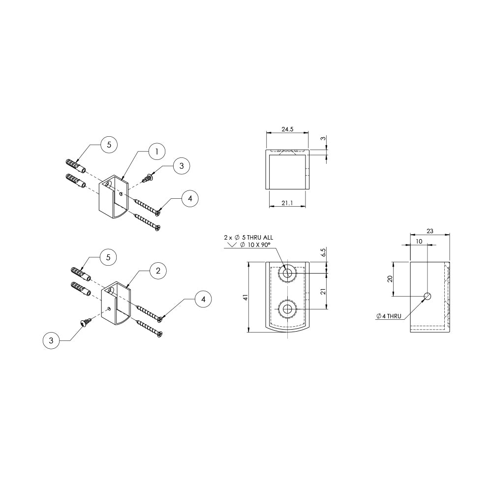Emro Wall Mounting End Brackets Pair SCAEND - Available in Clear Anodised and White Powder Coat
