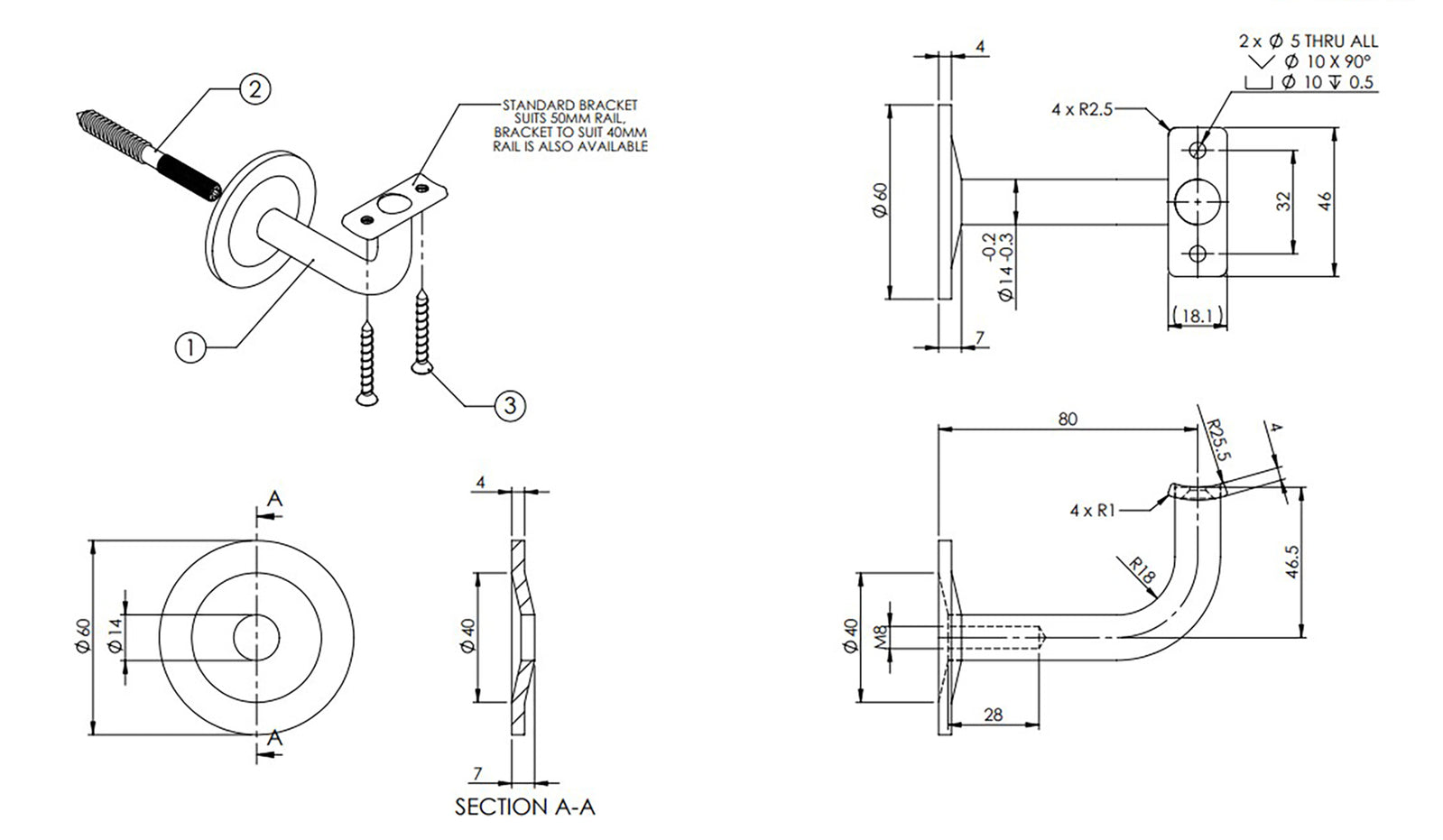 Emro Extended Concealed Curved Top Bracket 80mm Extension