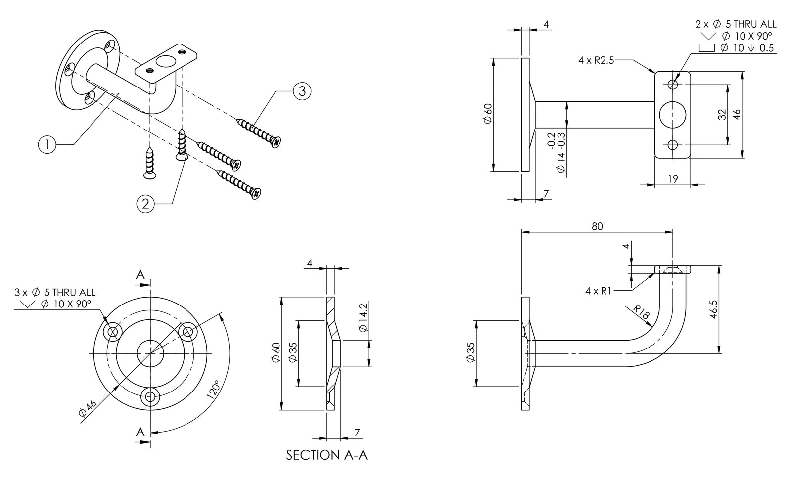Emro Extended Exposed Flat Top Bracket 80mm Extension - Available in Various Finishes