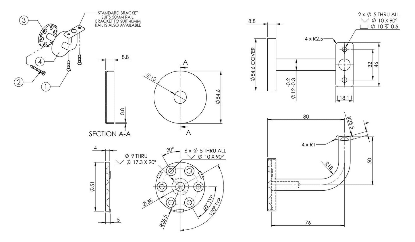Emro Extended Concealed Bracket Curved Top with Cover Plate