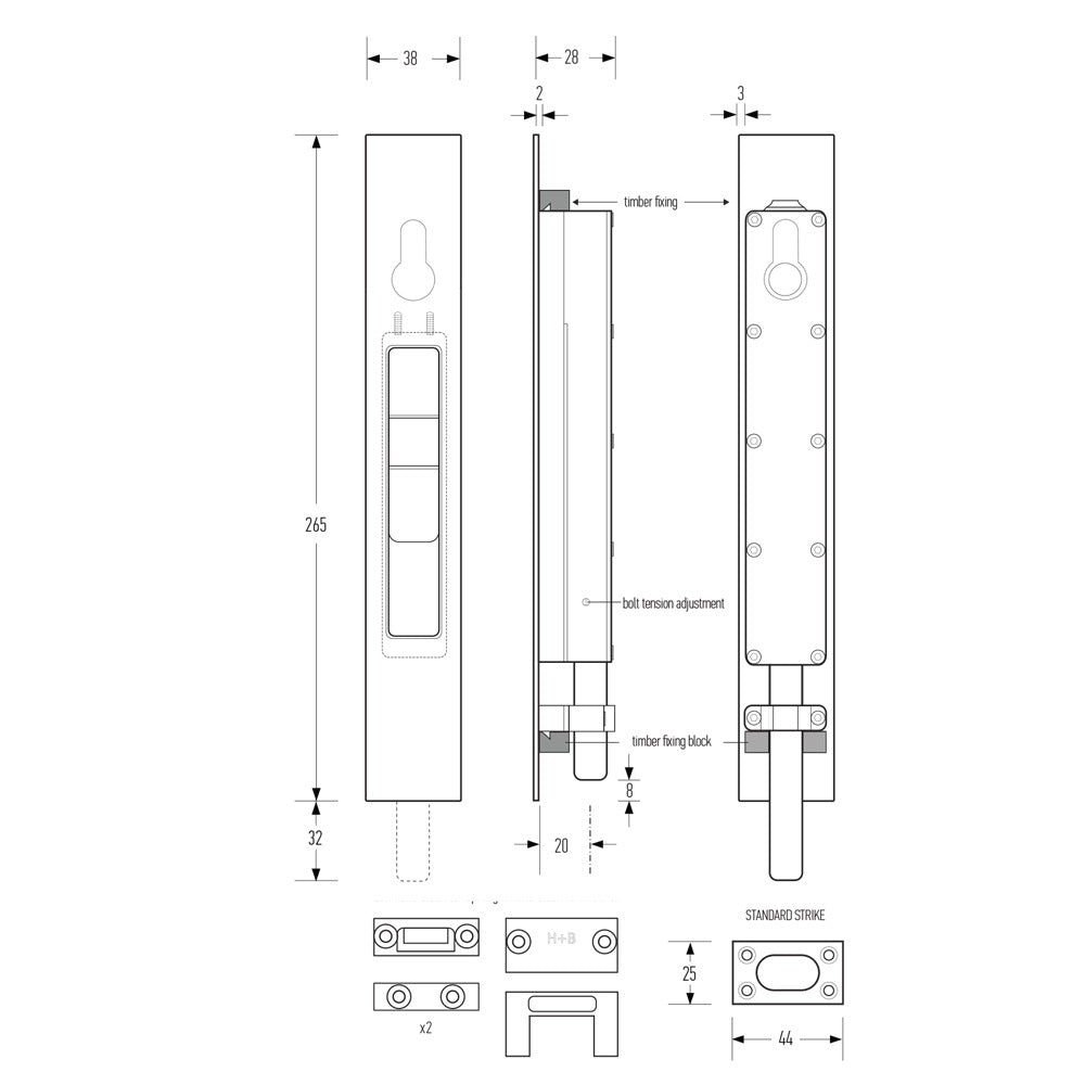 Halliday & Baillie 1830 Round Throw Locking Flush Bolt 265mm - Available in Various Finishes