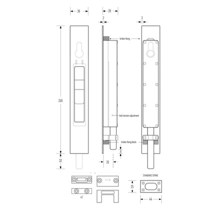 Halliday & Baillie 1830 Round Throw Locking Flush Bolt 265mm - Available in Various Finishes