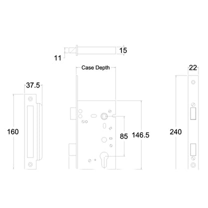 Jacksons JMCL60/46mm Backset Long Euro Cylinder Mortice Lock Rbt/Std 10 Finishes