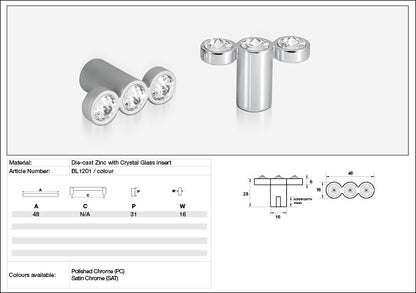 Kethy Cabinet Knob BL1201 Bling Series Rigel Inline 3 Stone Die-cast Zinc
