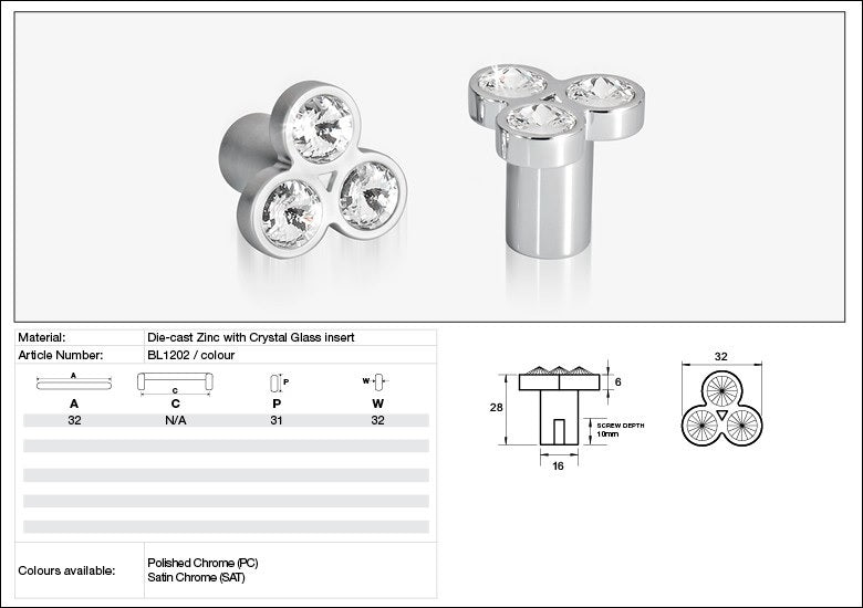 Kethy Cabinet Knob BL1202 Bling Series Rigel Cluster 3 Stone Die-cast Zinc