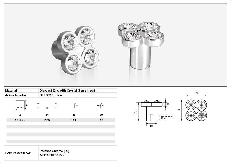 Kethy Cabinet Knob BL1203 Bling Series Rigel Cluster 4 Stone Die-cast Zinc