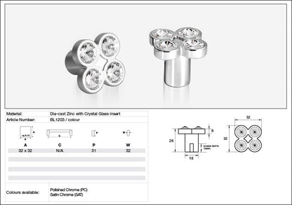 Kethy Cabinet Knob BL1203 Bling Series Rigel Cluster 4 Stone Die-cast Zinc