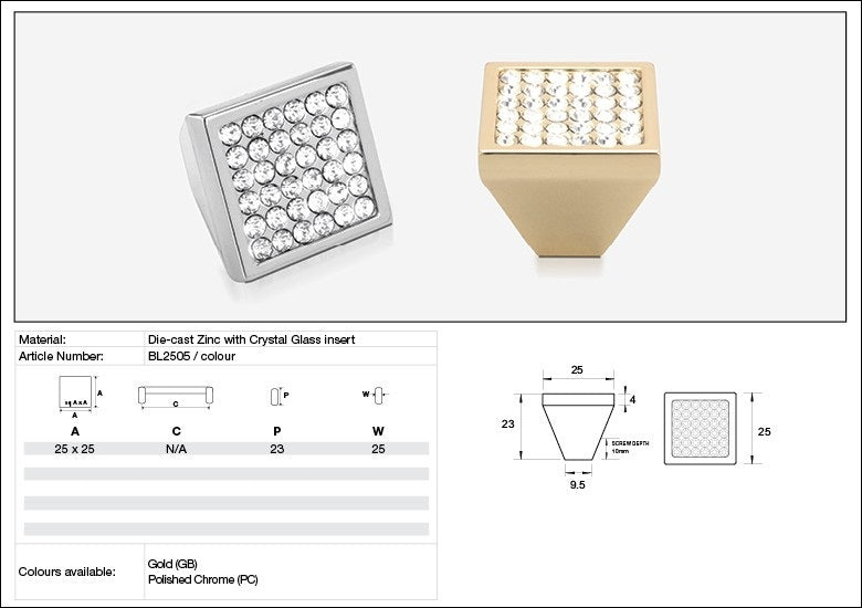 Kethy Cabinet Knob BL2505 Bling Series Pyramid 25mm Multi Stone Die-cast Zinc