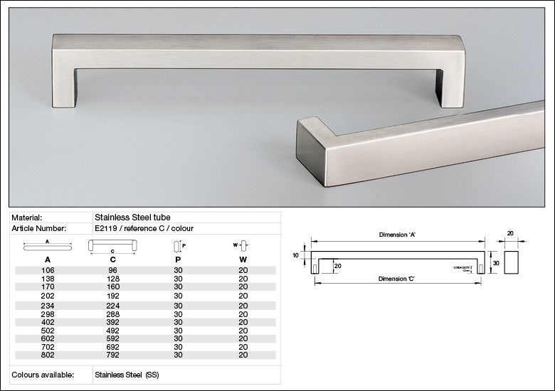 Kethy Cabinet Handle E2119 Pesaro 20x10mm Oblong Flush Ends Stainless Steel