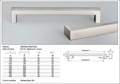 Kethy Cabinet Handle E2119 Pesaro 20x10mm Oblong Flush Ends Stainless Steel