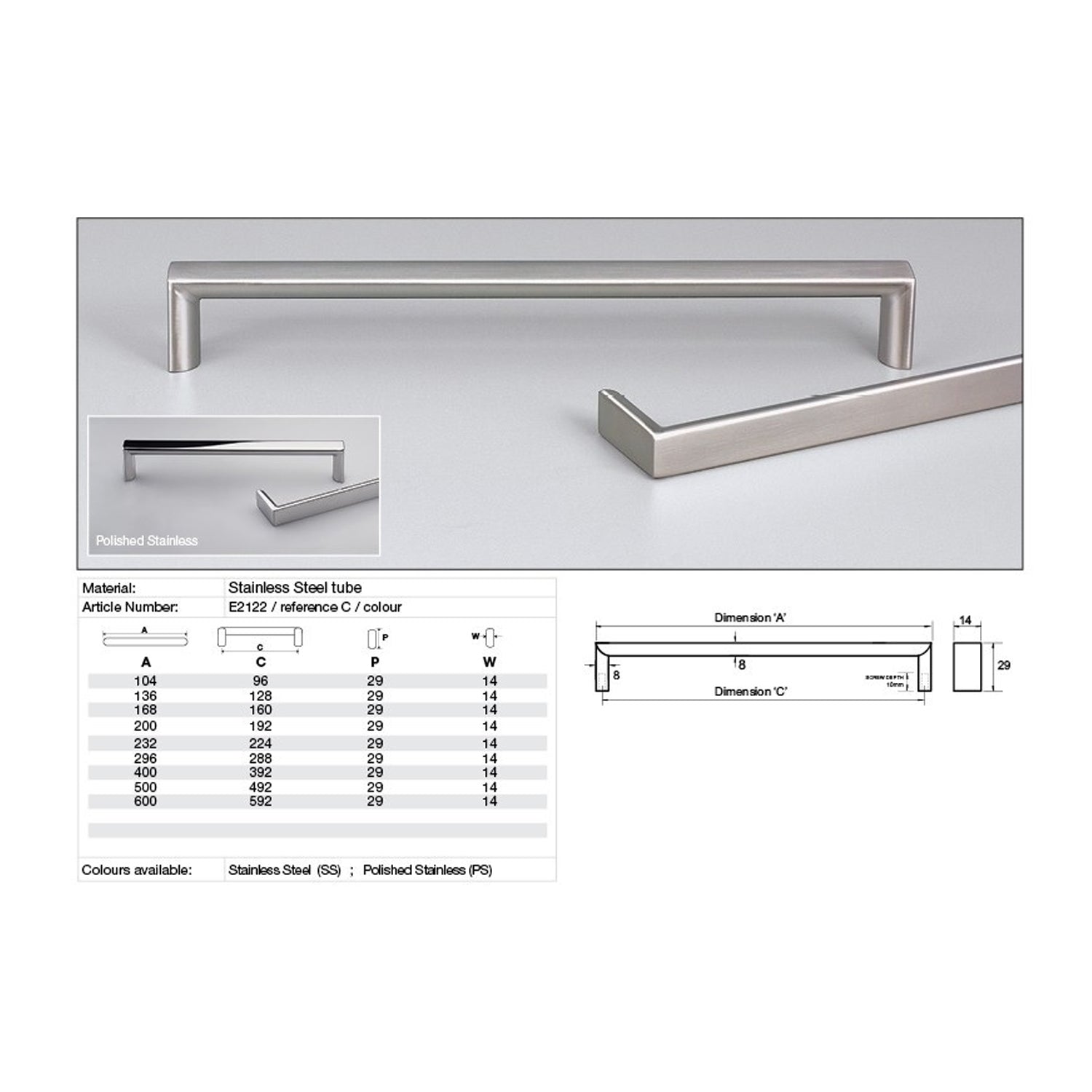 Kethy E2122 Series Como Cabinet Handle 14mm Flat Top Stainless Steel