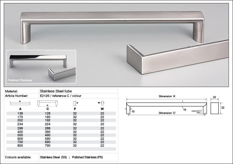Kethy Cabinet Handle E2126 Roma 22mm Flat Top Stainless Steel