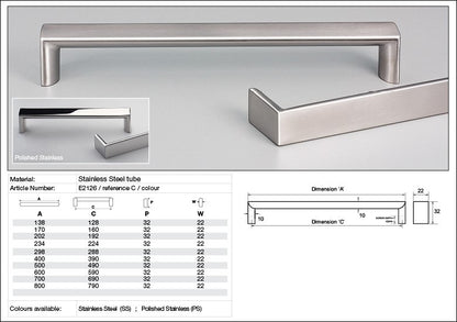 Kethy Cabinet Handle E2126 Roma 22mm Flat Top Stainless Steel
