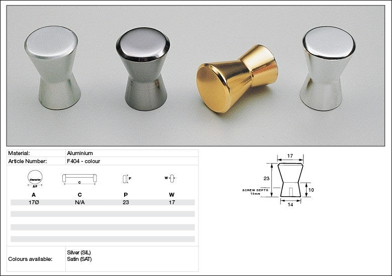Kethy Cabinet Knob F404 F Series Hourglass 17mm Aluminium