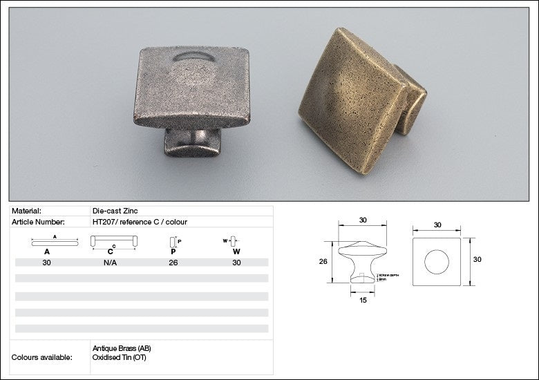 Kethy Cabinet Knob HT207 Hampton Square 30mm Die-cast Zinc