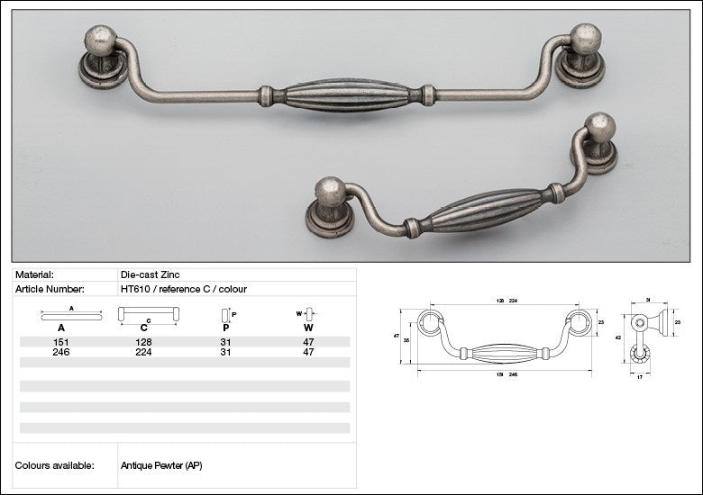 Kethy Cabinet Handle HT610 Hampton Ashford Drop Die-cast Zinc