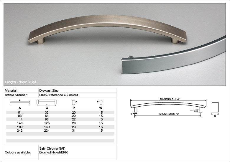 Kethy Cabinet Handle L805 L Series Bridge Die-cast Zinc