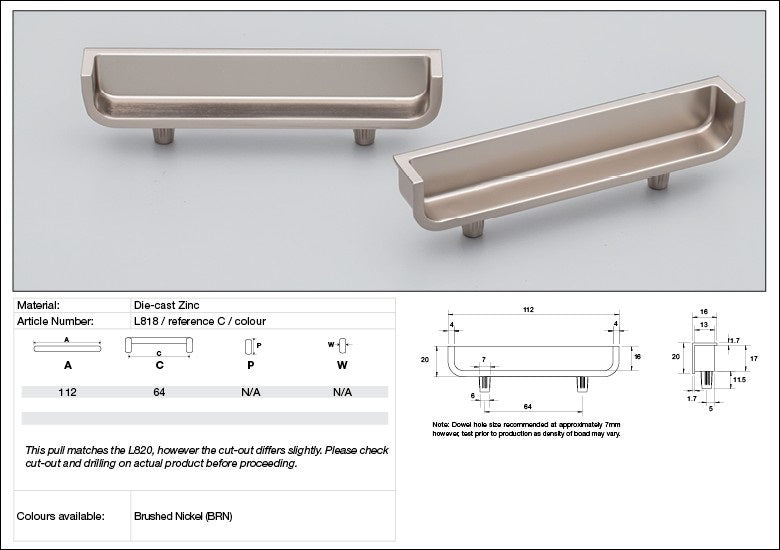 Kethy Cabinet Handle L818/64-MN L Series Back 64mm Matt Nickel