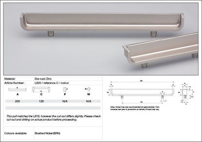 Kethy Cabinet Handle L820/128-MN L Series Back 128mm Matt Nickel