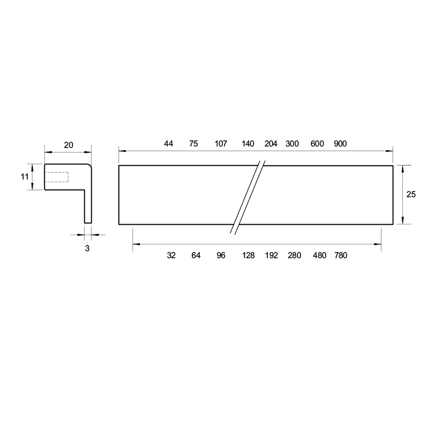 Kethy S225 Square Hook Lip Pull Handle - Available In Various Finishes and Sizes