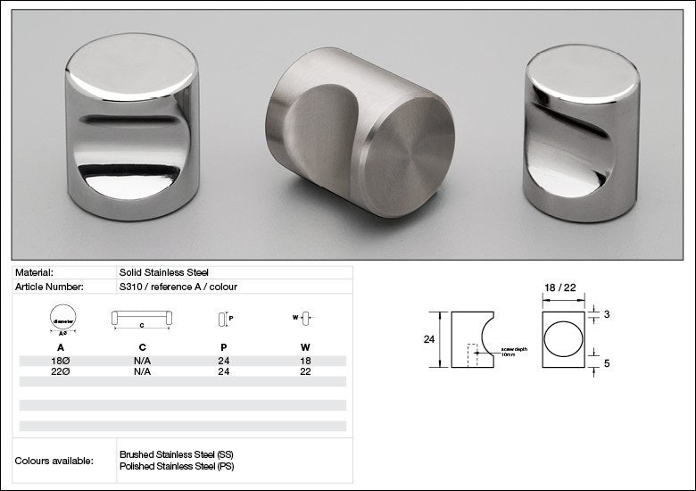 Kethy Cabinet Cylinder Knob Solid Stainless Steel S310 - Available in Various Finishes and Sizes