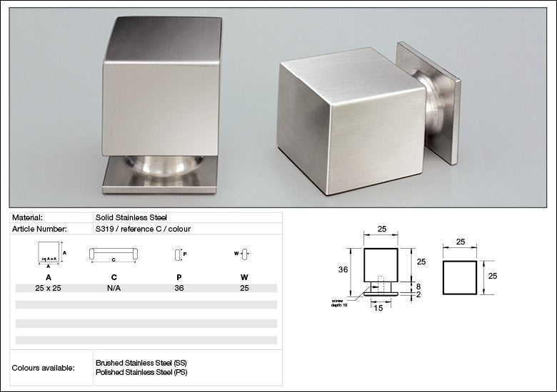 Kethy Cabinet Knob S319 S Series Cube 25mm Solid Stainless Steel