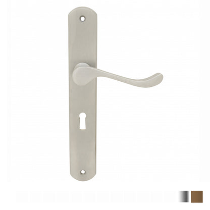 KR Lucas Pavtom Scroll Door Lever Handle on Seri Long Plate Bit Key - Available in Various Finishes
