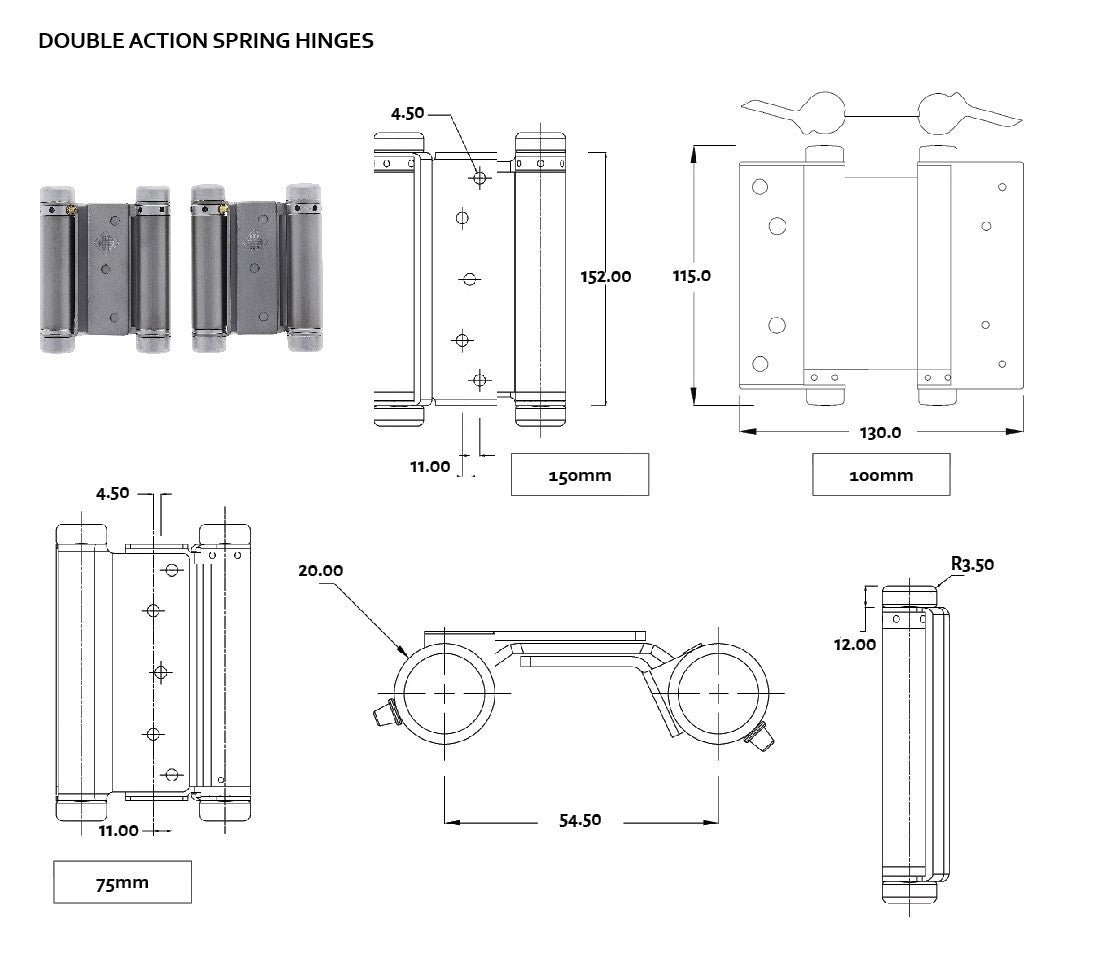 HFH Double Action Spring Door Hinge 150mm Satin Chrome 4150-154