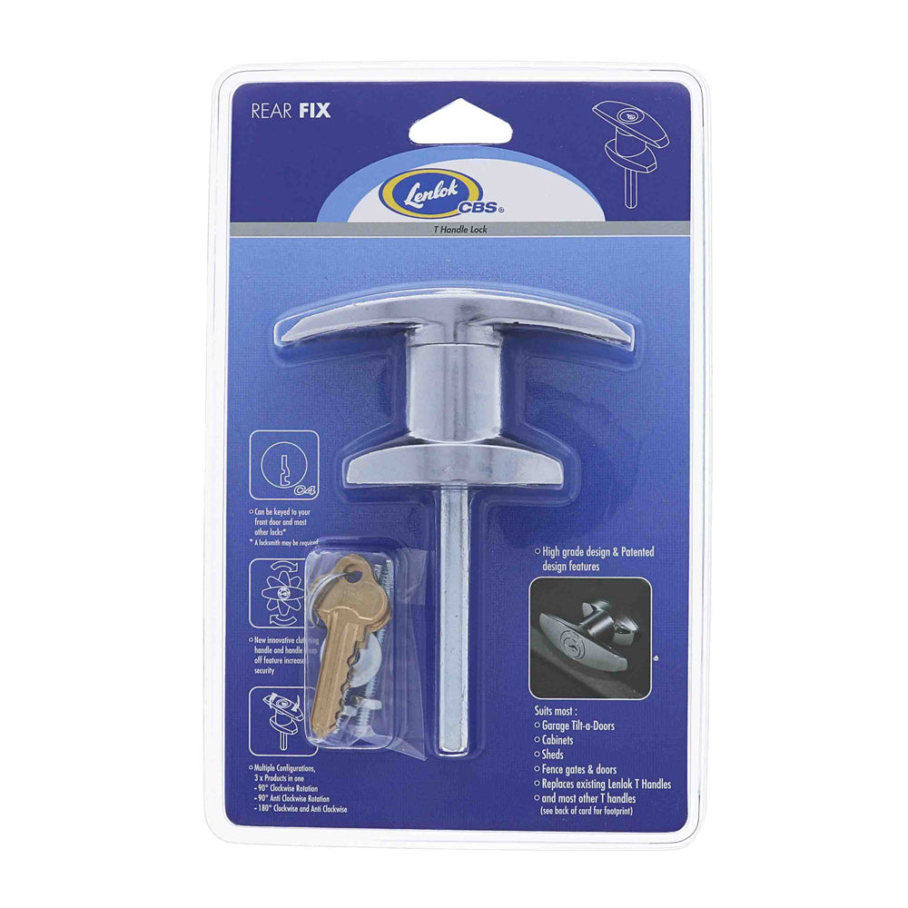 Lenlok CBS T Handle Garage Door Lock C4 Rear Fix 75mm Chrome Plate LTH-RF-C4-KD