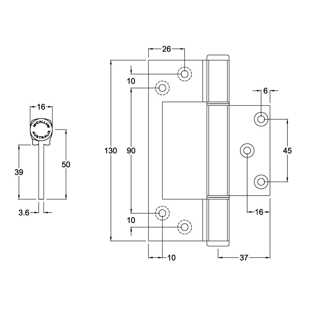 MCCA105|MCCA105BLK|MCCA105WHT|McCallum A105 Aluminium Heavy Duty Interfold Hinge 130mm - Available in Various Finishes