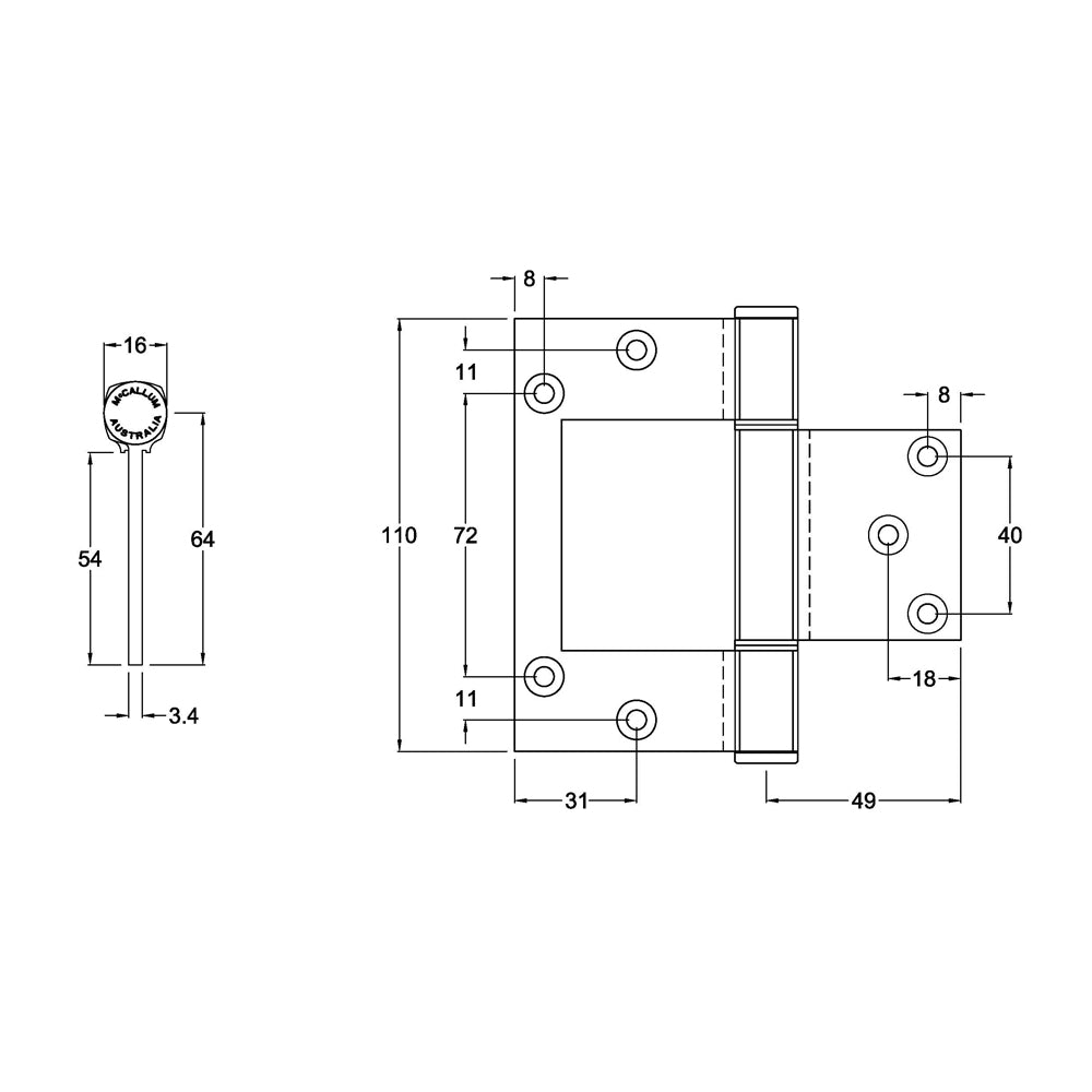 MCCA155|MCCA155BLK|MCCA155WHT|McCallum A155 Aluminium Wide Throw Interfold Hinge 110mm - Available in Various Finishes