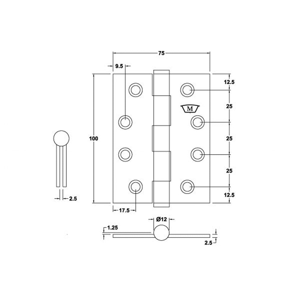 McCallum Door Butt Hinge Fixed Pin 100x75x2.5mm PVD S220PVD