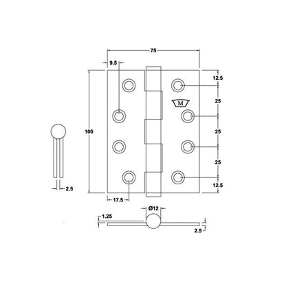 McCallum Door Butt Hinge Fixed Pin 100x75x2.5mm PVD S220PVD