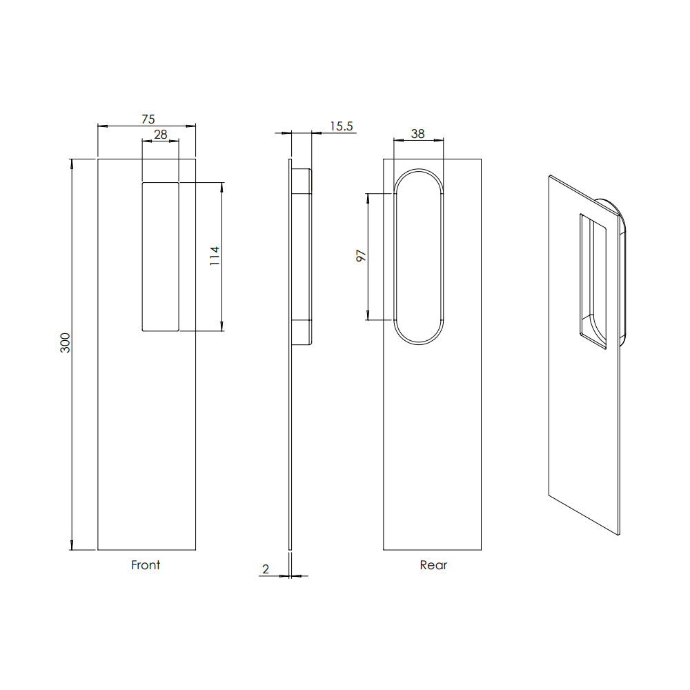 Madinoz FP165 Flushpull Rectangle 300mm x 75mm Polished/Satin Stainless Steel