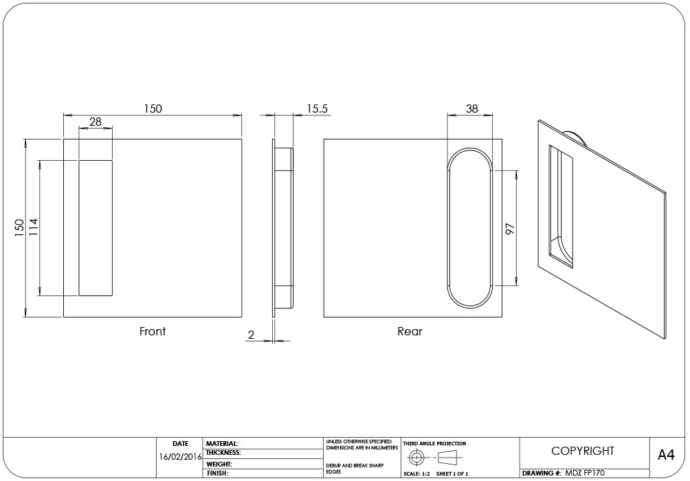 Madinoz FP170 Sliding Door Flush Pull - Available in Various Finishes