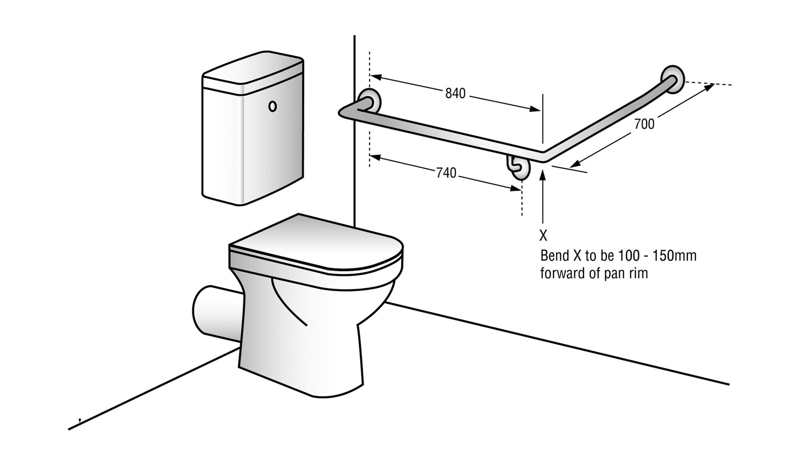 Metlam Grab Rail 30 Degree Side Wall 840x700mm Black - Available in Left and Right Handing