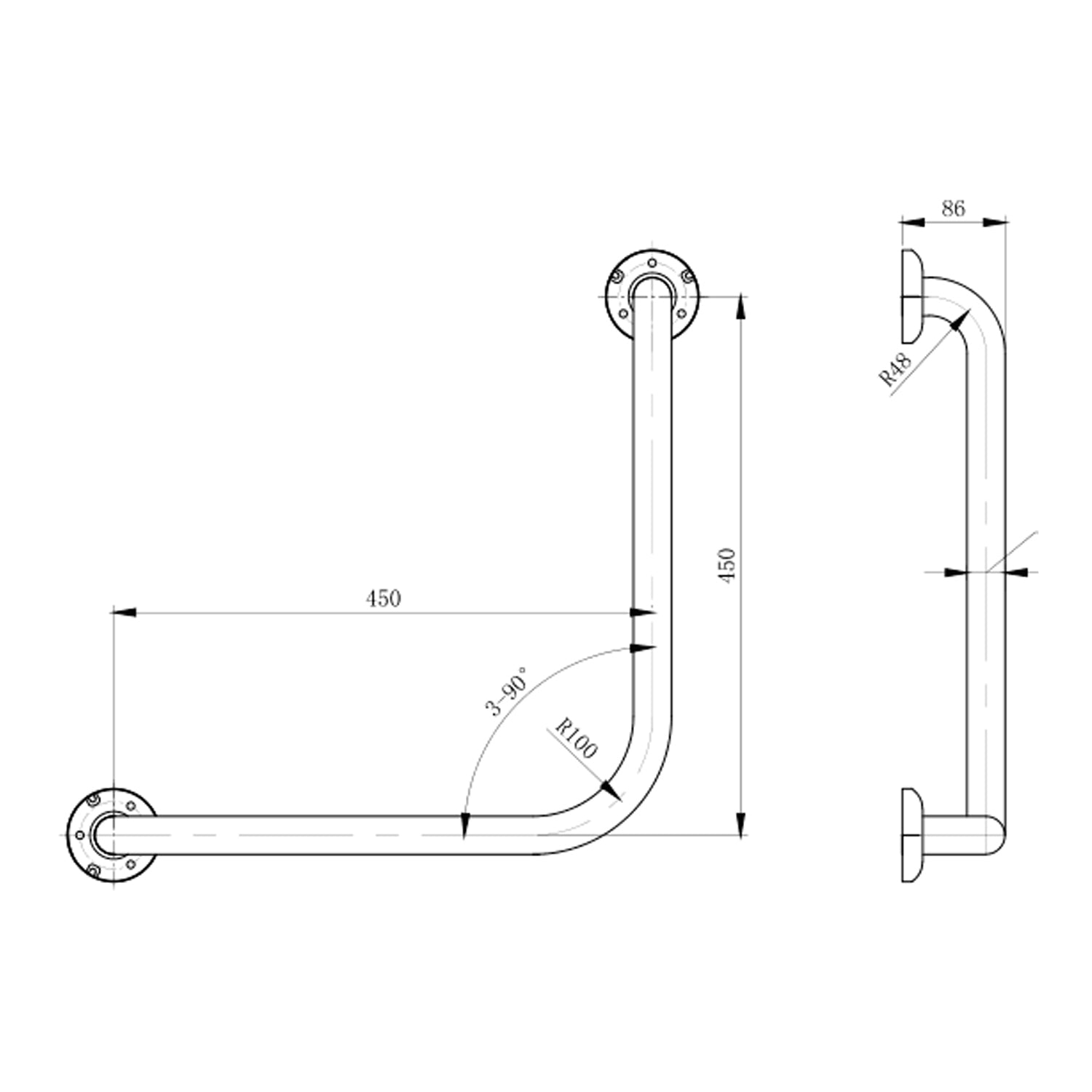 Metlam 90 Degrees Ambulant Grab Rail 450x450mm - Available in Various Finishes