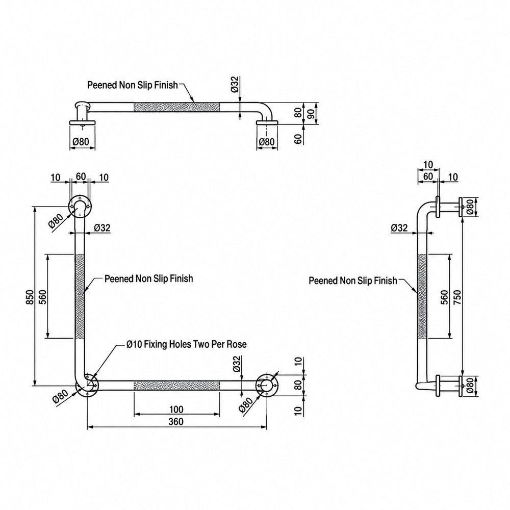 Metlam 90 Degrees Grab Rail 750x750x32mm Peened MLR750_PEEN