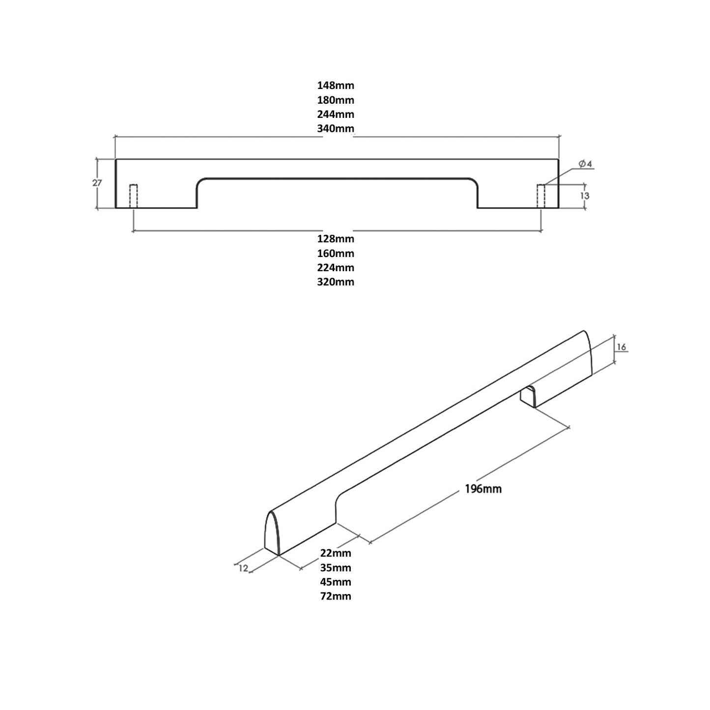 Momo Vieste Cabinet D Handle - Available in Various Finishes and Sizes