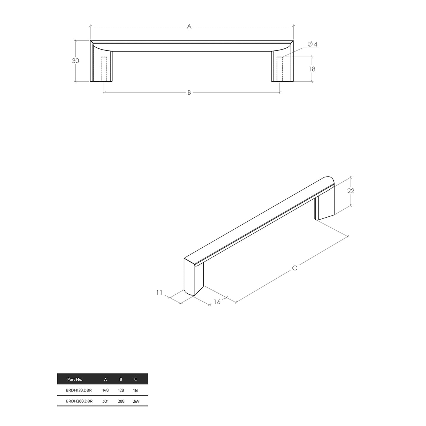 Momo Barra D Handle - Available in Various Finished and Sizes|MOMOBRDH128MBL|MOMOBRDH288MBL|MOMOBRDH128DBR|MOMOBRDH288DBR