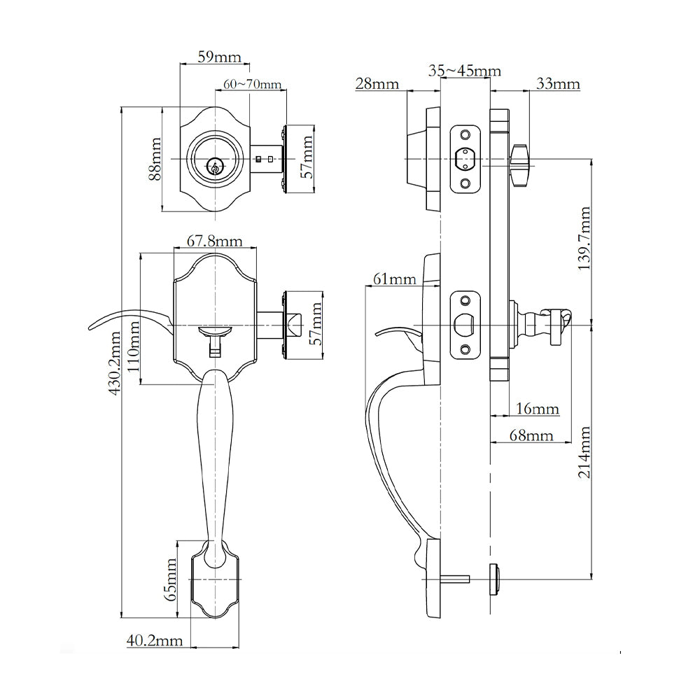 N2lok Garrone Door Handle Single Cylinder Flutto on Piatta Entrance Set
