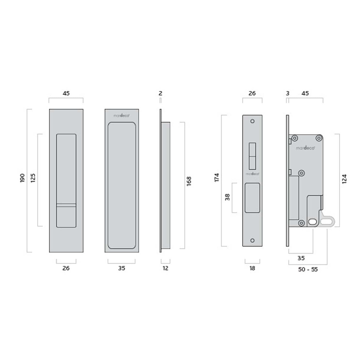 Mardeco 'M' Series Flush Pull Privacy Set for Sliding Doors - Available in Various Finishes