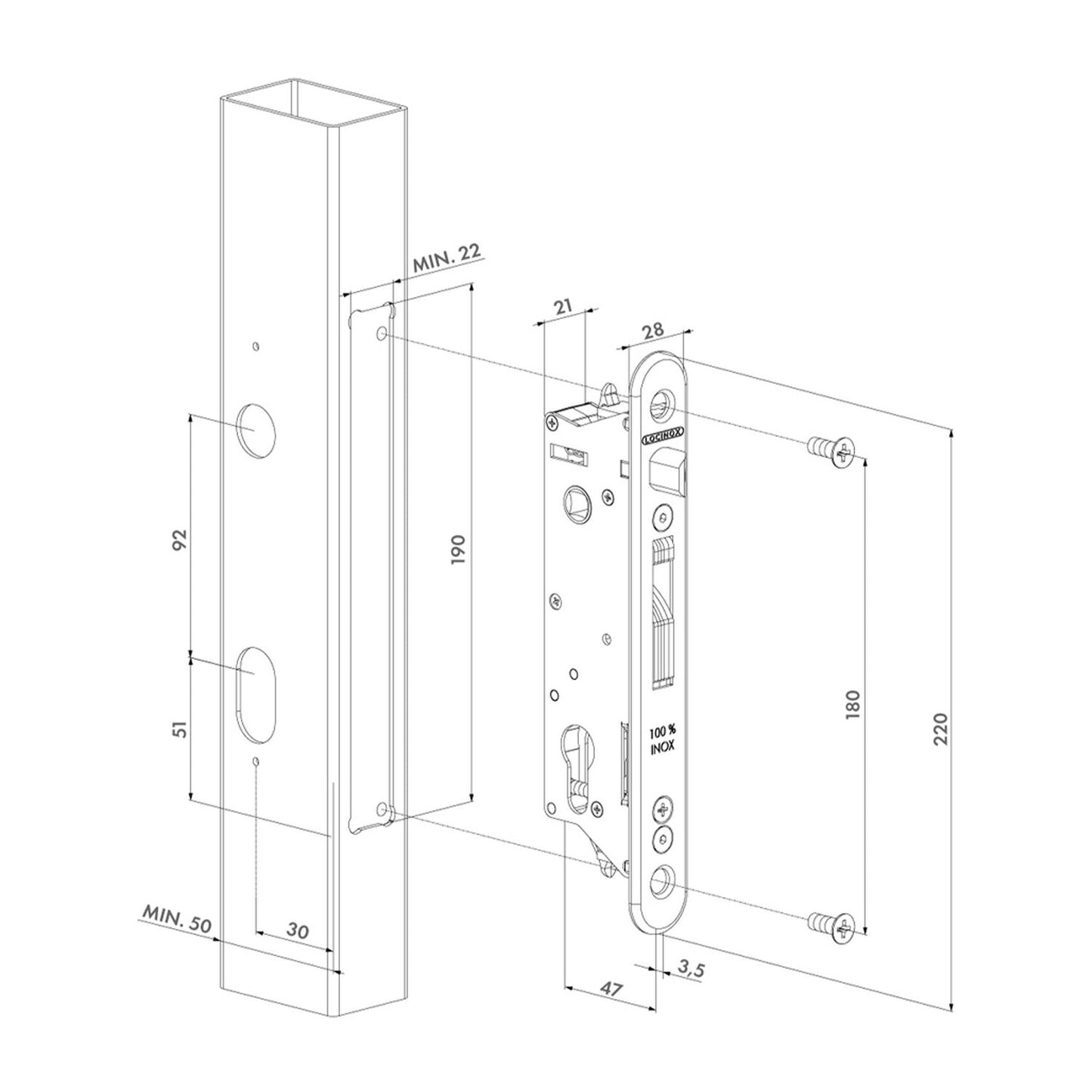 Locinox Fiftylock Euro Insert Mortice Lock Kit - Available in Various Finishes