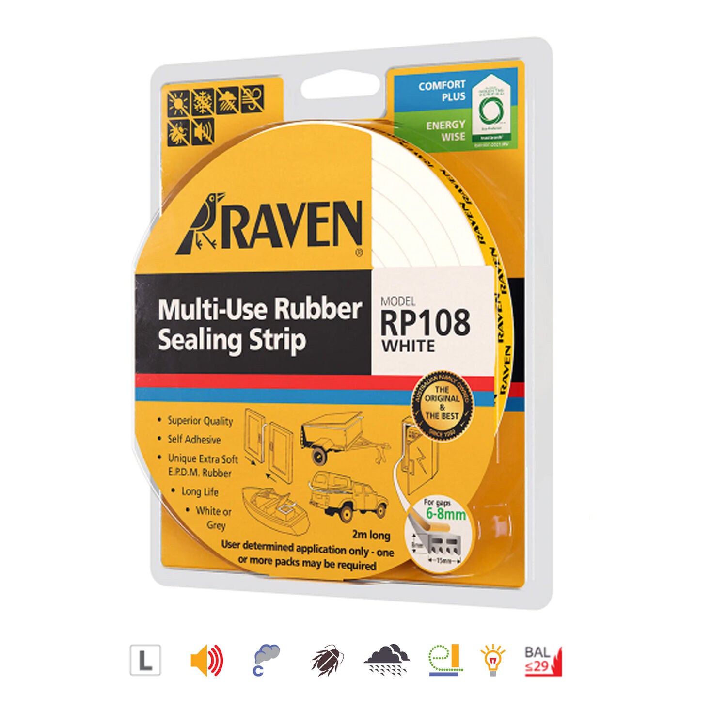 Raven RP108 Multi-Use Self Adhesive Rubber Sealing Strip 2000mm - Available in Grey and White Finish