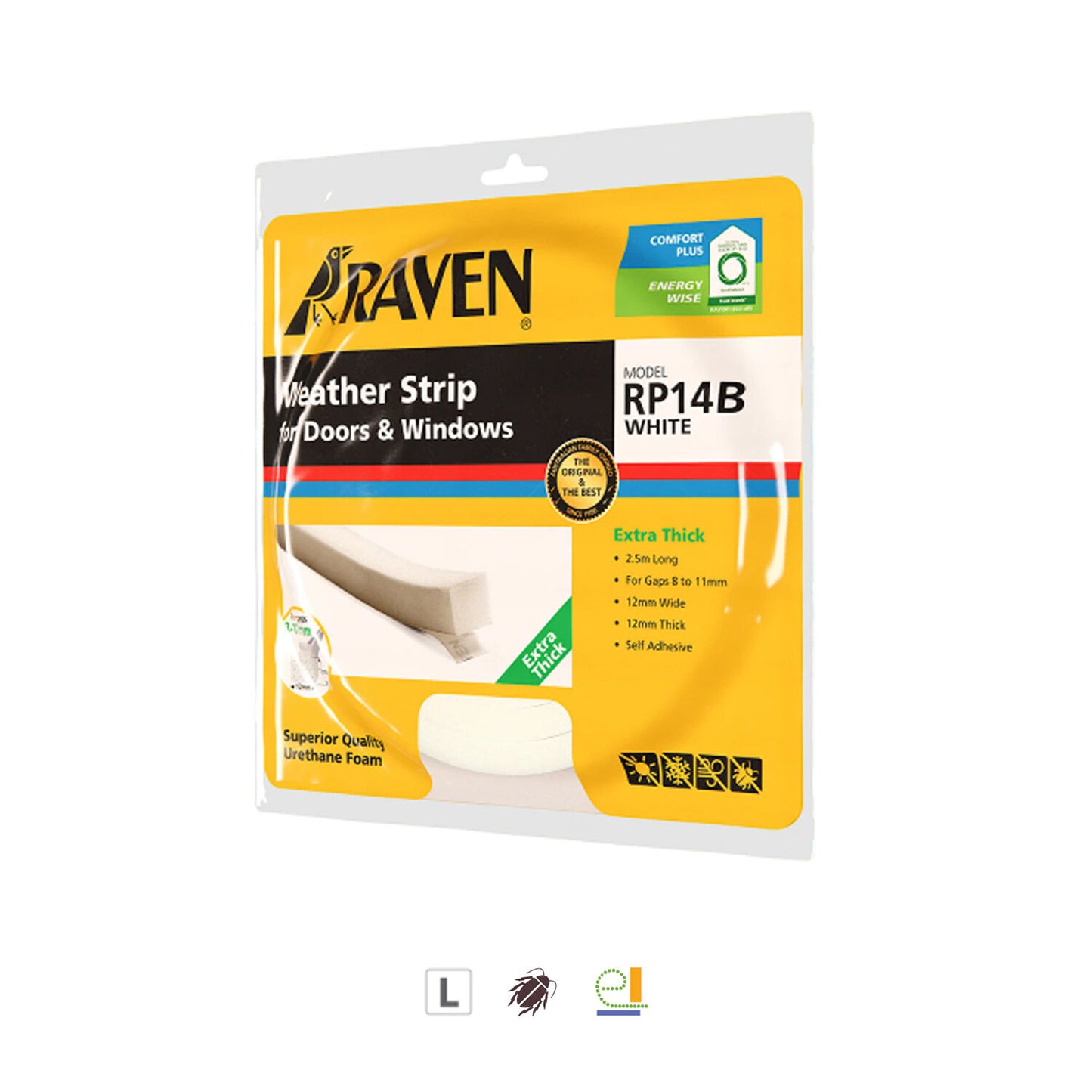Raven Weather Strip for Doors & Windows Self Adhesive 2500mm White RP14B
